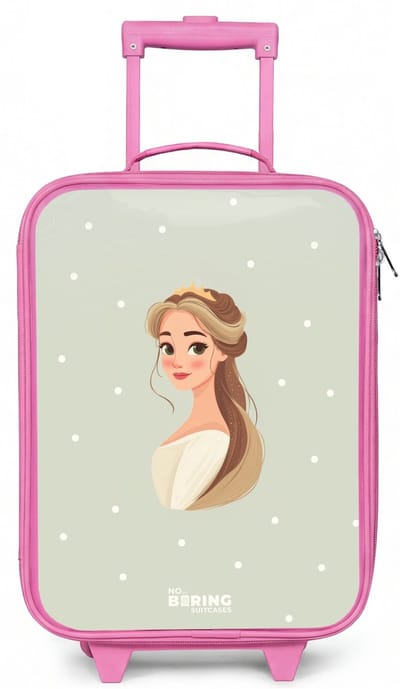 NoBoringSuitcases.com® - Kinderkoffer roze - Kindertrolley meisje - Prinses met tiara op groene stippenachtergrond - Koffer kind lichtgewicht - Reiskoffer trolley voor kinderen - Koffertje met lichtgevende wieltjes - Rolkoffer