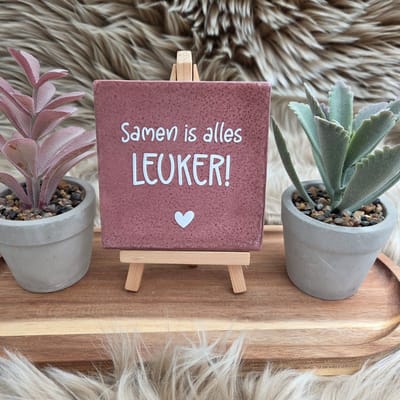 Robuust wenstegeltje “Samen is alles leuker!” – Liefde & Vriendschap Cadeau – Keramiek – Decoratie – Relatie Cadeautje – Vriendschap - Trendy nu – Decoratief Tegeltje met Standaard – Cadeau Idee