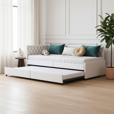 Uitschuifbaar Daybed met Lattenbodem - Verstelbaar van 90x200 naar 180x200 cm - Beige Slaapbank