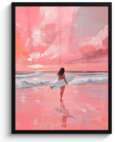 Poster in lijst - Fotolijst 50x70 cm - Posters - Roze - Surfen - Zee - Posterlijst zwart - Decoratie - Wanddecoratie woonkamer - Muurdecoratie slaapkamer