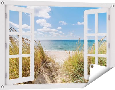 Gards Tuinposter Doorkijk Strand en Zee vanuit Duinen - 90x60 cm - Tuindoek - Tuindecoratie - Wanddecoratie buiten - Tuinschilderij