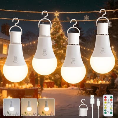 Set van 4 Oplaadbare Lampen met Afstandsbediening, Dimbare E27 LED Lampen, 3 Kleurtemperaturen, USB Oplaadbaar met Timer en Knopbediening