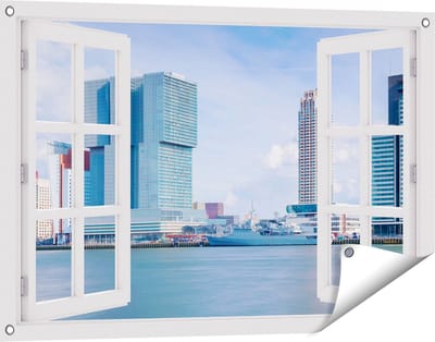 Gards Tuinposter Doorkijk Rotterdamse Skyline aan het Water - 90x60 cm - Tuindoek - Tuindecoratie - Wanddecoratie buiten - Tuinschilderij