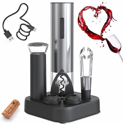 Elektrische kurkentrekker, oplaadbaar, 8-in-1 cadeauset, elektrische wijnopener met laadstation, capsulesnijder, vacuümpomp, 2 vacuümdoppen, wijnschenktuit, USB-C-kabel