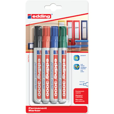 edding 3000 permanent marker - zwart, rood, blauw, groen - 4 stiften - ronde punt 1,5-3mm - water en wrijfvast - voor karton, kunststof, hout, metaal, etc. - alcohol markers voor volwassenen