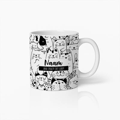Grappige Crazy Cat Lady Mok – Gepersonaliseerde Zwart-Wit Kat Illustratie Koffiebeker