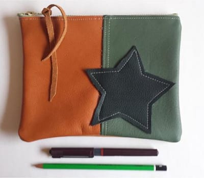 Toetie & Zo Handgemaakte leren Etui Ster Groen Oranje, telefoontas, makeuptas, pennenetui, medicijntasje, leder