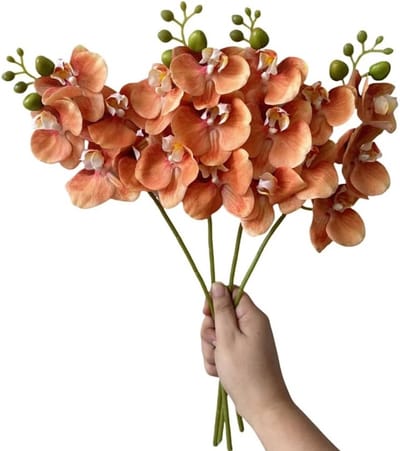 SnelShoppen - 4-Pack Kunstbloemen Real Touch Latex Phalaenopsis 45cm Oranje Orchidee Stem Boeketten voor Bruiloft Feest Thuis Tuin Decoratie