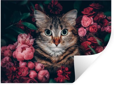 Muurstickers - Sticker Folie - Kat - Bloemen - Bladeren - Botanisch - 40x30 cm - Plakfolie - Muurstickers Kinderkamer - Zelfklevend Behang - Zelfklevend behangpapier - Stickerfolie