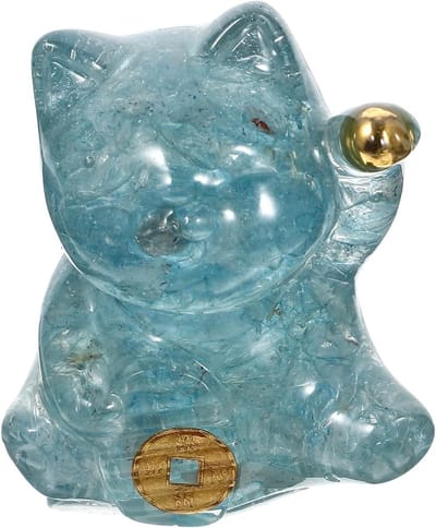 Katten Beeldje - Gelukspoppetje Decoratie - Woonkamer Decoreren - Kristal Steen Materiaal - 6.5 cm Hoog - Hemelsblauw