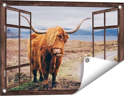 Gards Tuinposter Doorkijk Schotse Hooglander Koe op de Weg - 60x40 cm - Tuindoek - Tuindecoratie - Wanddecoratie buiten - Tuinschilderij