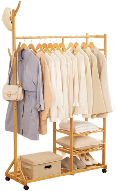 Eleganca Kledingrek op Wielen - B100 x D38 x H176 cm - Stevig Bamboe Garderoberek - Kledingrekken met Kledingstang, Schoenenrek en Legplanken - Naturel
