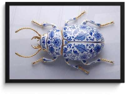 Poster in lijst - Fotolijst 60x40 cm - Posters - Kever - Delfts - Blauw - Goud - Posterlijst zwart - Decoratie - Wanddecoratie woonkamer - Muurdecoratie slaapkamer
