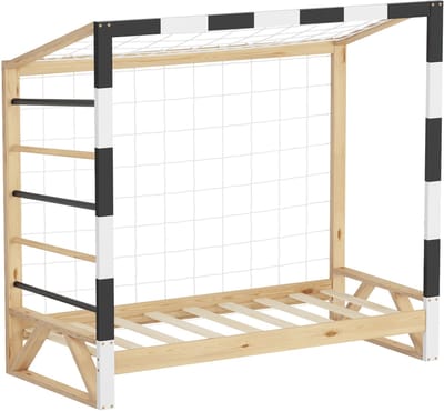 ML-Design | Kinderbed in de vorm van een voetbaldoel, 70 x 140 cm, van massief grenenhout; houten bed met lattenbodem en doelnet; handbaldoel
