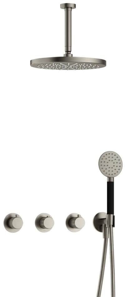 Hotbath Cobber X IBSX70 inbouw regendoucheset met ronde handdouche aan houder en 30cm ronde hoofddouche aan 15cm plafondarm geborsteld nikkel