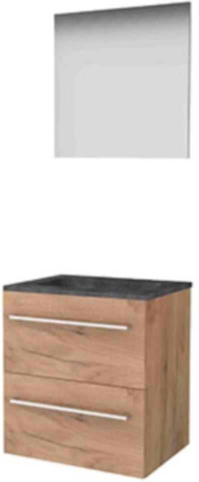 Basic-Line Basic 46 Badkamermeubelset - 60 x 46 cm - Met Grepen - 2 Lades - Hardstenen Wastafel - Zonder Kraangat - Spiegel - Whisky Oak