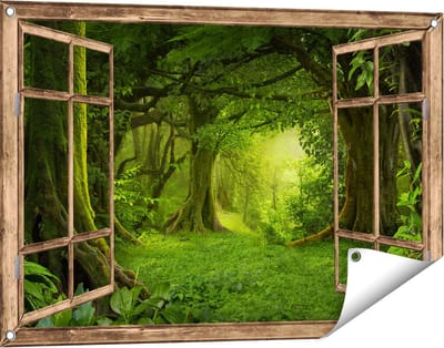 Gards Tuinposter Doorkijk Groene Tropische Jungle Bos - 90x60 cm - Tuindoek - Tuindecoratie - Wanddecoratie buiten - Tuinschilderij