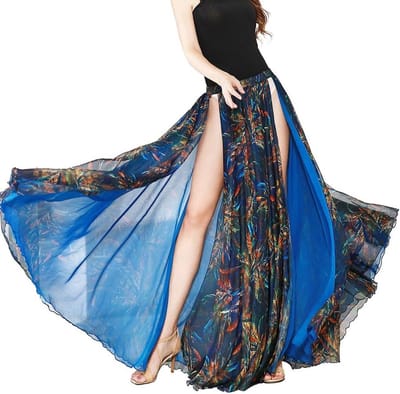 Chiffon buikdansrok voor dames met bloemenprint en split - Oriëntaalse dansoutfit voor vrouwen, Blauw Pauw, M