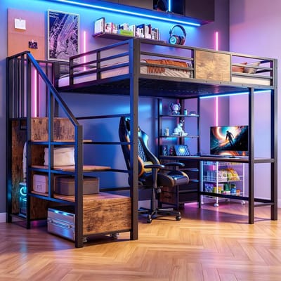 Hoogslaper 140x200 - Hoogslaper met opbergruimte - Tienerhoogslaper, Metalen Hoogslaper (140x200 cm) met Bureau, Opbergvakken, Kledingstang, Ledverlichting en Stopcontact, Deze Multifunctionele Hoogslaper-Zwart