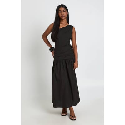boohoo Dames Katoenen Poplin One-shoulder Gerimpelde Midaxi Jurk | Zwart | Maat: 36
