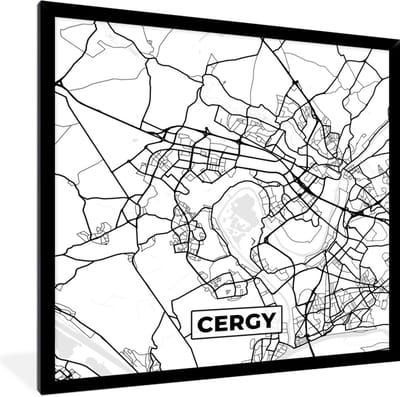 Fotolijst incl. Poster Zwart Wit- Kaart - Cergy - Plattegrond - Frankrijk - Stadskaart - Zwart wit - 40x40 cm - Posterlijst