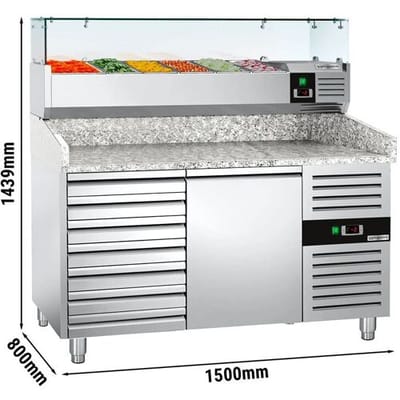 GGM Gastro Pizzakühltisch ECO - 1500x800mm - mit 1 Tür & 7 Schubladen - inkl. Kühlaufsatzvitrine - 6x GN 1/3 Zilver