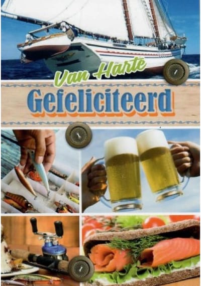 Van harte gefeliciteerd met je verjaardag! Een leuke kaart voor mensen die van vissen houden. Zelfs het bier gaat nog mee! Een leuke kaart om zo te geven of om bij een cadeau te voegen. Een dubbele wenskaart inclusief envelop en in folie verpakt.