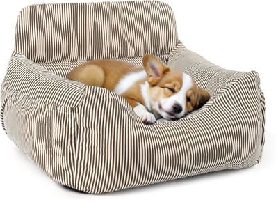 CALIYO Autostoel Hond – 2 in 1 Hondenmand – Autostoel Hond - 57 x 50 x 30 cm - Hond Autogordel - Geschikt voor honden/katten tot 35 cm - Bruin/wit