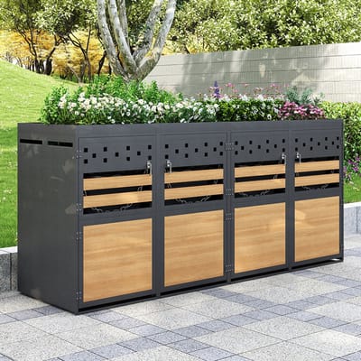 BLACKCOLORS Afvalbakkenbox met 4 plaatsen en groendak voor 4 ton 120-240 liter antraciet Deur met houtlook en uitbreidingsmogelijkheid Opbergbox voor afvalbakken Afvalbakkenbox