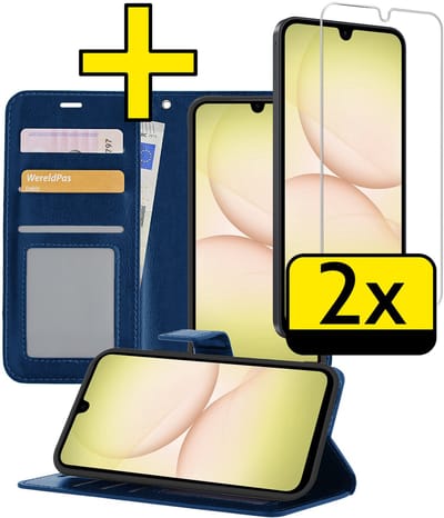 Hoesje - Met 2x Screenprotector - Geschikt voor Samsung Galaxy A17 - Luxe Pasjeshouder - Bookcase Portemonee - Flip Case - Kunstleer Book Case - Flipcase Hoes - Book Cover - Walletcase - Portemonneehoes - Telefoonhoesjes - Donkerblauw