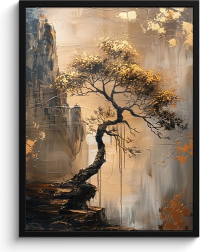 Poster in lijst - Fotolijst 60x80 cm - Posters - Boom - Goud - Landschap - Verf - Posterlijst zwart - Decoratie - Wanddecoratie woonkamer - Muurdecoratie slaapkamer