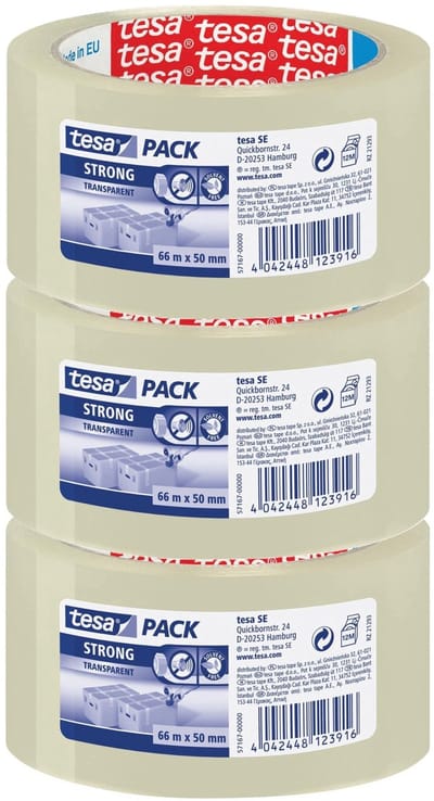 Tesa verpakkingstape - 3x - strong - transparant - 66 mtr x 50 mm - verpakkingsbenodigdheden - tape - plakband