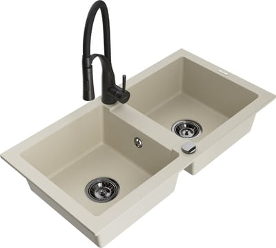 Mexen Mario granieten gootsteen 2-kamer met keukenmengkraan Aster, beige - 6504-69-73450-70-B