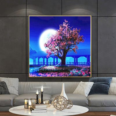 Diamant Schilderij met Boom Diamant Mozaïek Volledige Layout Schilderachtige Strass Steentjes Afbeeldingen Huis Decoratie 30x30CM blue