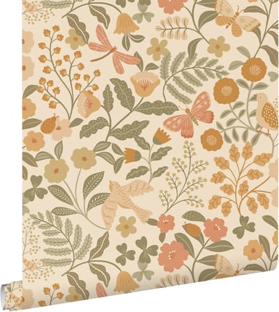ESTAhome behang bloemen en vogels oranje en vergrijsd groen - 53 cm x 10.05 m - 131393