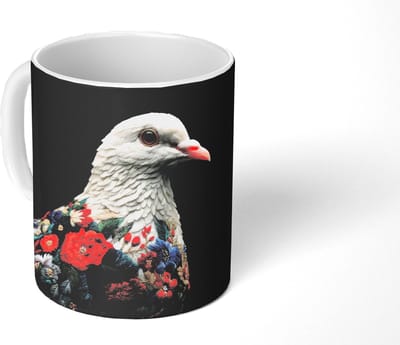 Mok - Koffiemok - Duif - Bloemen - Wit - Zwart - Mokken - 350 ML - Beker - Koffiemokken - Theemok