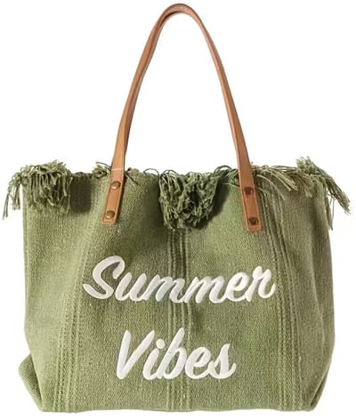 Groene Strandtas Summer Vibes – Shopper Tas met Franjes en kunststof Hengsels – Ibiza Style Beach Bag voor Zomer, Vakantie & Strand