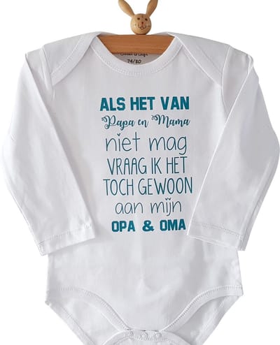 Rompertje baby met tekst  Als het van papa en mama niet mag vraag ik het toch gewoon aan mijn opa en oma | lange mouw | wit blauw| maat 50/56 jongen meisje unisex