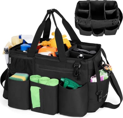 Draagbare Schoonmaak Organizer met Verwijderbare Scheidingswanden en Handvatten - Ideale Schoonmaaktas voor Huishoudelijke Hulp en Professionele Reinigers (38 x 22 x 26 cm, Zwart)