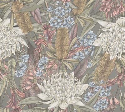 KLEURRIJKE BLOEMEN BEHANG | Floraal - Grijs Roze Groen Blauw Wit - Living Walls Drawn Into Nature