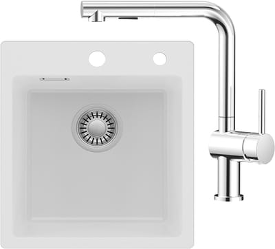 Auralum max Spoelbak voor keuken 40x45CM - Graniet Spoelbakken Met L-uitloop Keukenkraan - Enkele spoelbak Wit - Met waterafvoersysteem - Voor 40 cm kast