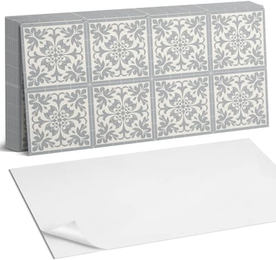 Coloray Plaktegels - Plantenpatroon op tegels Zelfklevende Wandtegels - 40 cm x 20 cm - Grijs Plaktegels - 10 stuks - Rechthoek PVC Tegels - Plaktegels Badkamer - Vloertegels Zelfklevend - Vinyl Tegels - Portugese Tegels