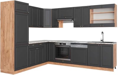 Vicco Hoekkeuken Fame-Line, Anthrazit-Gold Landhaus/Goudkleurig Eiken, 287 x 227 cm, WB Marmer