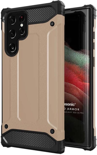 Schokbestendig Heavy Duty Hoesje Geschikt voor: Samsung Galaxy S22 Ultra Shock Proof Hybride - Back Cover - Dual Layer Armor Case - Extra Stevig - Goud