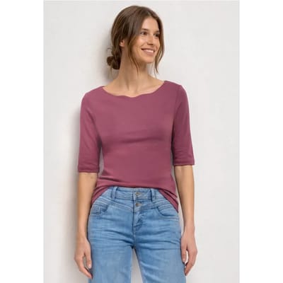 Shirt met golvende halslijn in effen kleur