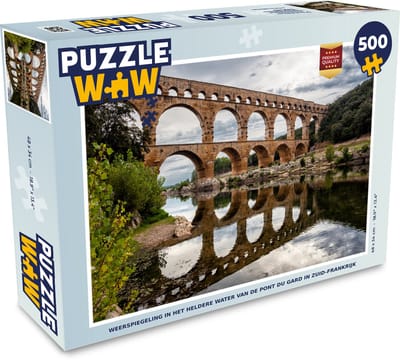 Puzzel Weerspiegeling in het heldere water van de Pont du Gard in Zuid-Frankrijk - Legpuzzel - Puzzel 500 stukjes