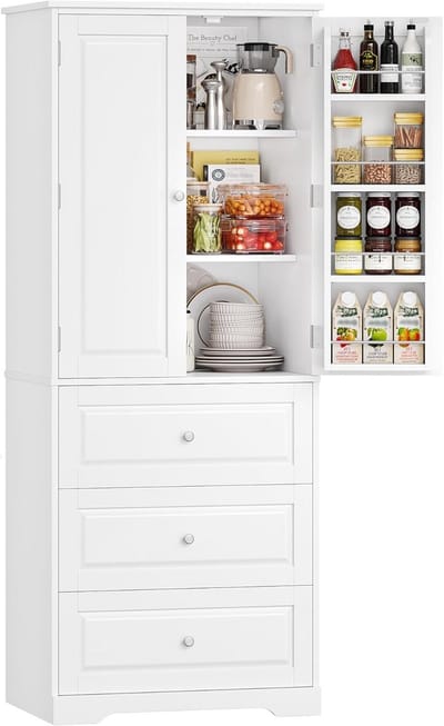 Multifunctionele Keukenkast met 3 Laden en 8 Deuren, Ideaal voor Keuken, Eetkamer en Badkamer, 60 x 40 x 150 cm, Wit, Ruimtebesparend en Stijlvol Design