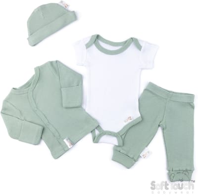 Soft Touch Babykleding Set Unisex Rib Katoen Sage Green 4-delig Mt 50/56 (Valt klein)