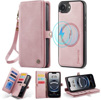 Casemania Hoesje Geschikt voor Apple iPhone 16e - Pale Pink - 2 in 1 Magnetische Bookcase met Uitneembare Back Cover - Geschikt voor MagSafe - Telefoonhoesje met 10 Pasjesvakken / Polsband - Wallet Case met Pasjeshouder