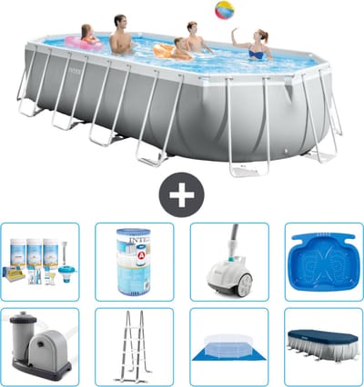 Intex Ovaal Prism Frame Zwembad - 610 x 305 x 122 cm - Grijs - Inclusief Pomp - Ladder - Grondzeil - Afdekzeil Onderhoudspakket - Filter - Stofzuiger - Voetenbad